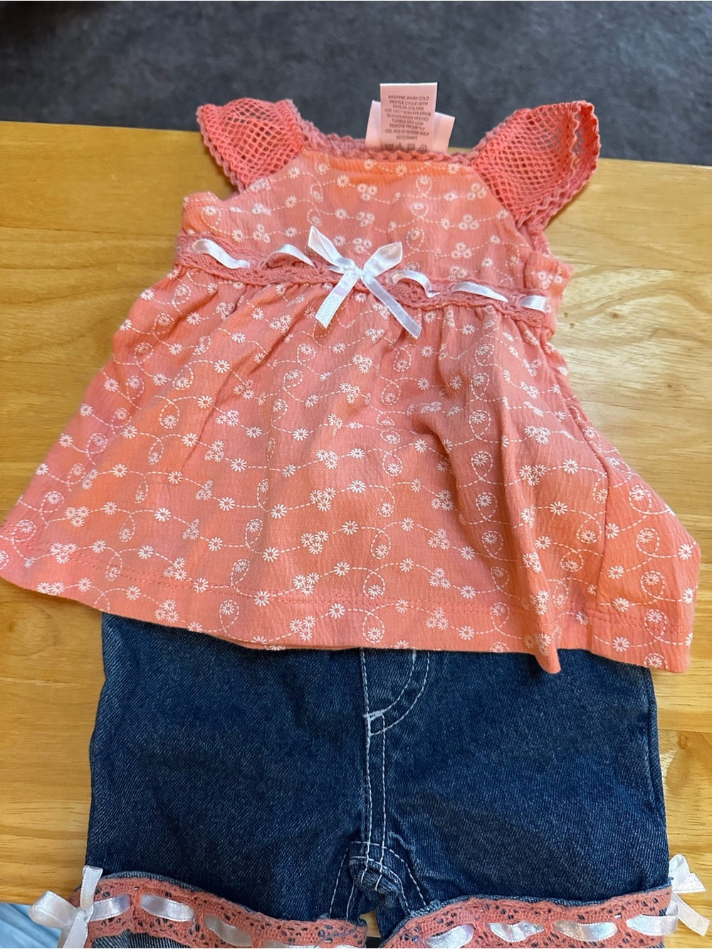 Little Me Coral Floral 2 piece Baby top with Eyelet Sleeves and denim shorts